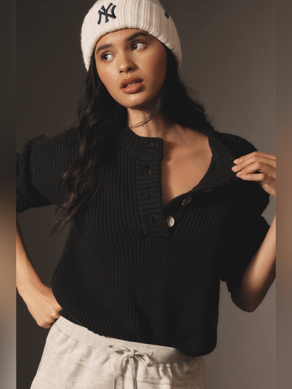 Varley Vera Half Button Chunky Cable Knit Sweater Size Large Black Anthropologie